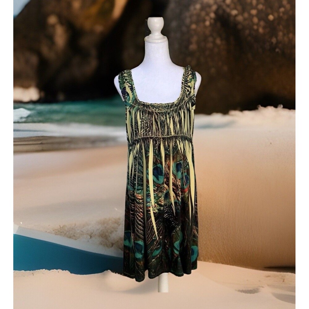One World Brown Green Peacock Peasant Boho Runched Sublimation Empire Dress XL